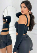 Cropped Faixa Recorte Com Corte Manga Longa