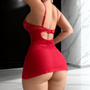 Conjunto de Lingerie Sexy com Contraste de Renda e Tule, com Vestido com Armação e Tanga