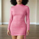 Vestido Feminino Curto Franzido Manga Longa Canelado Blogueira